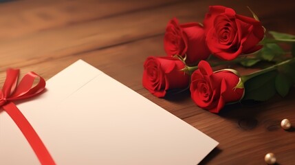 Empty greeting card on the table with red rose