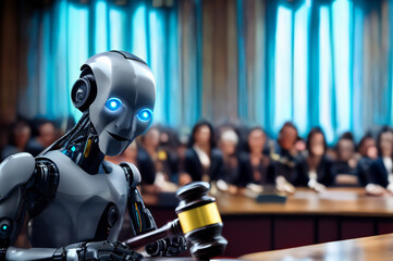 AI Lawyer chatbot. Robot lawyer in court. Robot generate content for advocate in court. Robot with Judge hammer in courtroom. AI Robot on chatGPT generated analytic for judge. Artificial Intelligence - obrazy, fototapety, plakaty