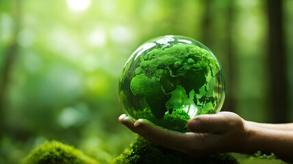 Earth transparent crystal glass globe on hand in moss, nature background. Save green planet, save environment, ecology, survival of the planet, energy saving concept. World Environment Day June 5