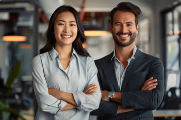 smiling american business man and asian business woman standing arms crossed in office. Two diverse colleagues, group team