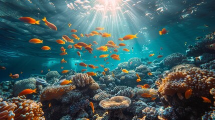 Fototapeta na wymiar Vibrant coral reef teeming with fish, illuminated by sun rays underwater
