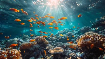 Keuken foto achterwand Vibrant coral reef teeming with fish, illuminated by sun rays underwater © yuchen