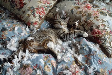 Messy Scene of a Cat Relaxing on a Bed Surrounded by Feathers from a Destroyed Pillow, Reflecting the Chaos and Playfulness in a Home Setting concept