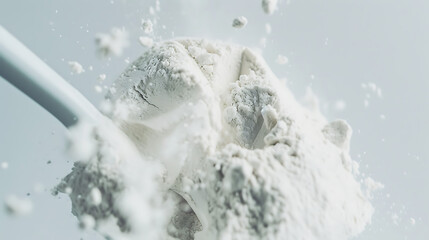 Close-up of a scoop delicately releasing protein powder in slow motion, set against a bright white backdrop