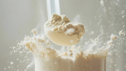 Close-up of a scoop delicately releasing protein powder in slow motion, set against a bright white backdrop