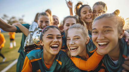 group of girls in soccer / football team - people celebrating success - obrazy, fototapety, plakaty