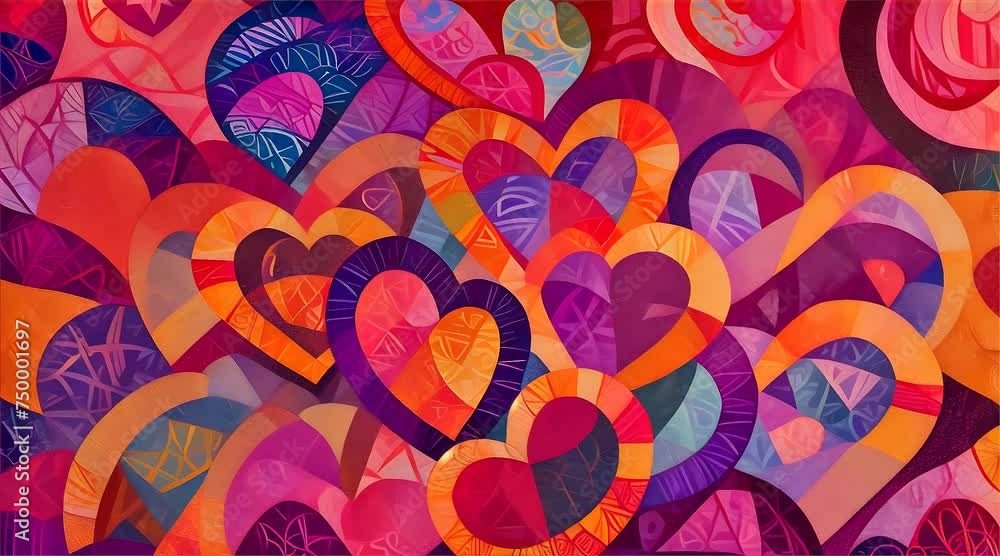 Poster an energetic and colorful abstract pattern featuring heart shapes and curvy lines in a variety of wa