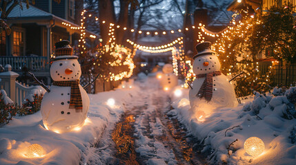Creating a winter wonderland outside, with snowmen and twinkling lights transforming the yard.