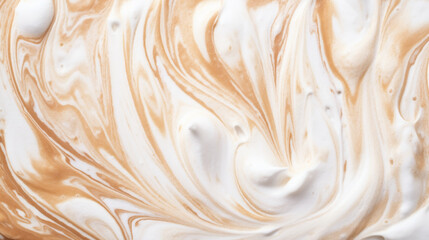 A pattern created by caramel swirls mixing with white cream.