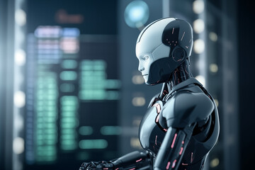 Naklejka premium AI Trading. AI Robot on chatGPT generate analytic Trading chart. AI trading bots. Artificial intelligence bot on investment. Broker Crypto bot. Trader Robot on analys cryptocurrency. Gas oil futures