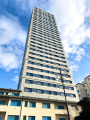 Bottom view of modern skyscraper in Cesenatico, Romagna Riviera, Emilia Romagna, Italy.
