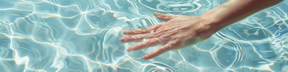 Fototapeta premium Human hand touching calm water, creating ripples