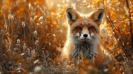 a red fox is sitting in a field of tall grass - Powered by Adobe
