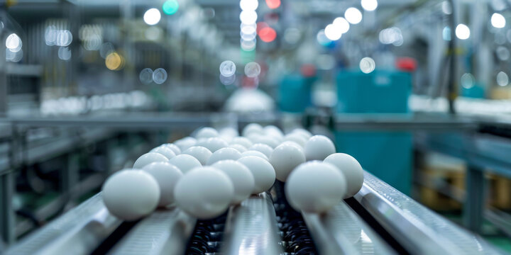 A line of white eggs moving along a conveyor belt in a factory or production facility.
