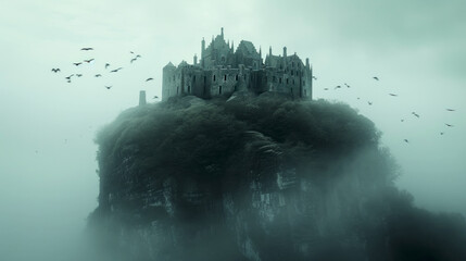 Sinister black haunted castle on rocky cliff - Powered by Adobe