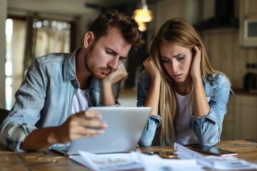 Fototapeta premium Worried Couple Analyzing Financial Documents, Emphasizing Significant Cryptocurrency Losses and Stress Amid Economic Chaos