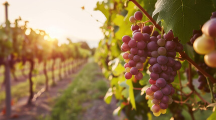 Clusters of red grapes in vineyard, sunrise light - obrazy, fototapety, plakaty