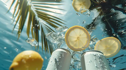 White drink can, hovering flying above the crystal clear water beside a gorgeous palm leaf. - Powered by Adobe