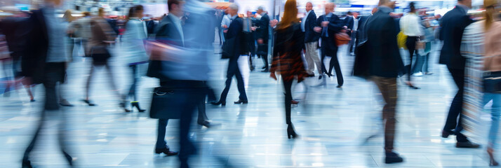 Business professionals in motion at a bustling trade fair, captured in a dynamic blur