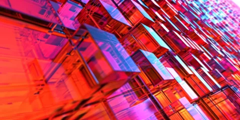 Küchenrückwand glas motiv Abstract blurred image of neon-lit digital blocks, resembling a futuristic circuit board © smth.design