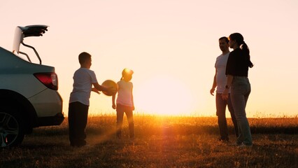happy family, family travel by car, silhouette happy family game car, travel family sunset, car...
