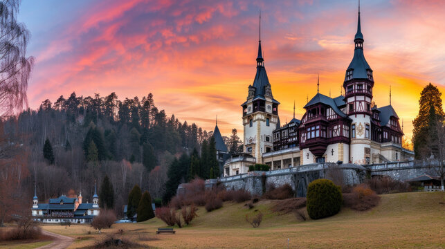 Gothic castle in hilly area, sunrise light