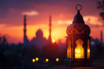 Ornamental Arabic Lantern. Ramadan Kareem Background. Mosque silhouette