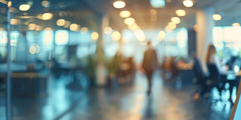 A defocused view of an office environment with soft bokeh lighting