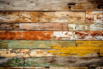 Old wooden planks wallpaper texture, rough, vintage, pastel colors orange and green banner