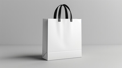 White Folded paper bag with handle isolated on white background. Paper bag. Kraft paper shopping bag. White folded paper bag with handle. Empty grocery paper bag. Recycled carton package. Mock up