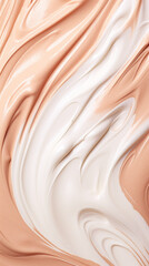 Swirling pattern of light and dark foundation shades creating a soft marble effect for cosmetics background.