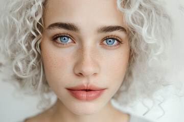 Young beautiful freckles woman. Girl with blue eyes and white curly hair