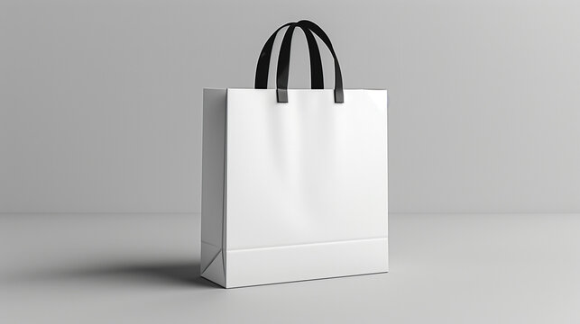 White Folded paper bag with handle isolated on white background. Paper bag. Kraft paper shopping bag. White folded paper bag with handle. Empty grocery paper bag. Recycled carton package. Mock up