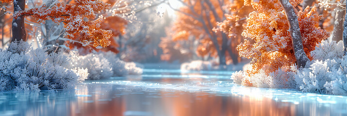 Winter Wonderland, Frozen River Through Snow-Covered Forest, Serene Nature Landscape Under Blue Sky