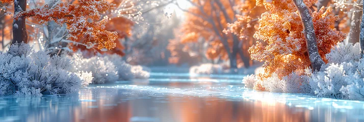 Poster Winter Wonderland, Frozen River Through Snow-Covered Forest, Serene Nature Landscape Under Blue Sky © NURA ALAM