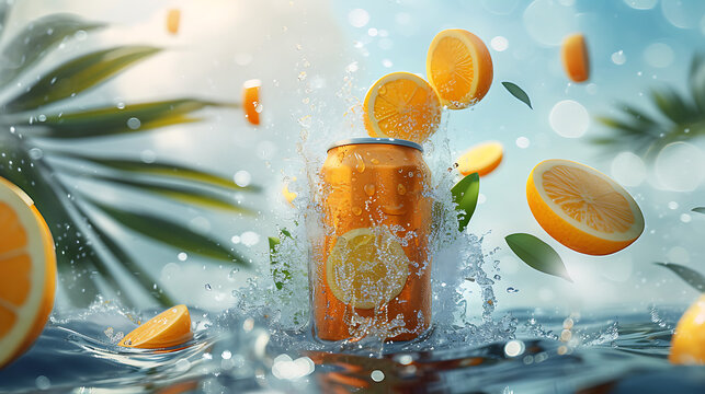 Orange drink can, hovering flying above the crystal clear water beside a gorgeous palm leaf.