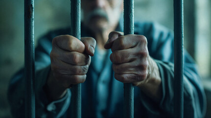 Man in jail. Hands of prisoner holding metal bars