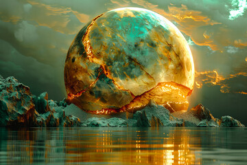 Planète fissurée et embrasée se reflétant dans l'eau, concept de réchauffement climatique - obrazy, fototapety, plakaty
