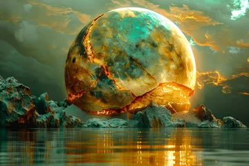 Fotobehang Planète fissurée et embrasée se reflétant dans l'eau, concept de réchauffement climatique © Concept Photo Studio