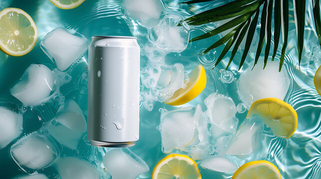 White drink can, hovering flying above the crystal clear water beside a gorgeous palm leaf.