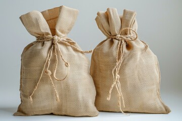 Obraz premium Burlap Sacks Tied with Jute String on Neutral Background
