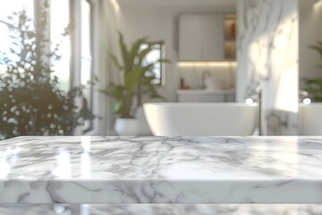 Photorealistic Bathroom with White Marble Countertop and Tub