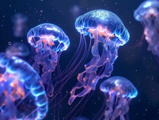 A serene underwater scene of mesmerizing jellyfish, glowing with an ethereal beauty in the deep blue sea