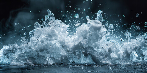 A high-speed capture of ice shards explosively scattering with dynamic water droplets on a dark background