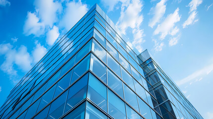 Fototapeta na wymiar Modern Glass Office Building Against Blue Sky