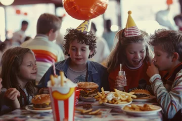 Fotobehang kids celebrating birthday at fast food restaurant © Mel