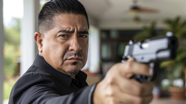 Drug cartel boss is aiming with handgun, mafia fighting