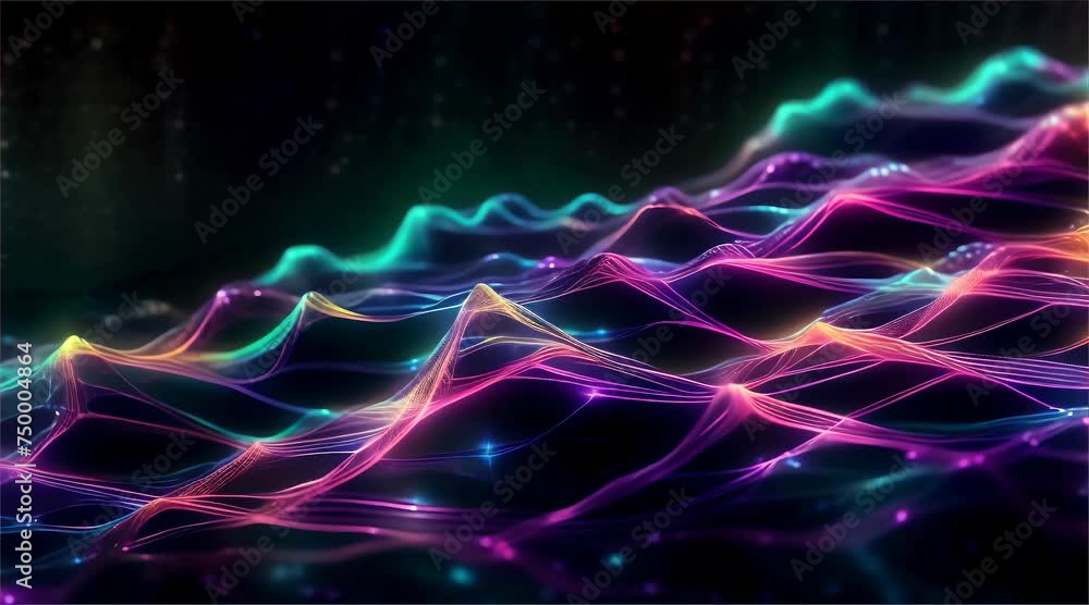 Aufkleber dynamic digital landscape of interconnected lines and dots forming colorful abstract waves against a