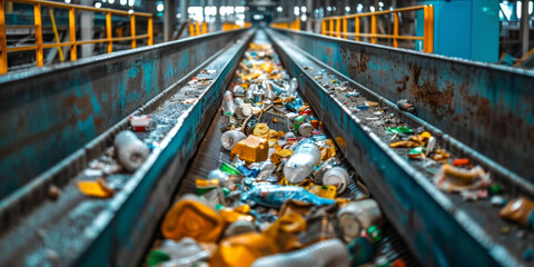 Naklejka premium Conveyor belt at a recycling plant, bustling with sorted waste material