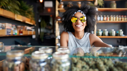 Smiling young woman, budtender, worker of marijuana shop - obrazy, fototapety, plakaty